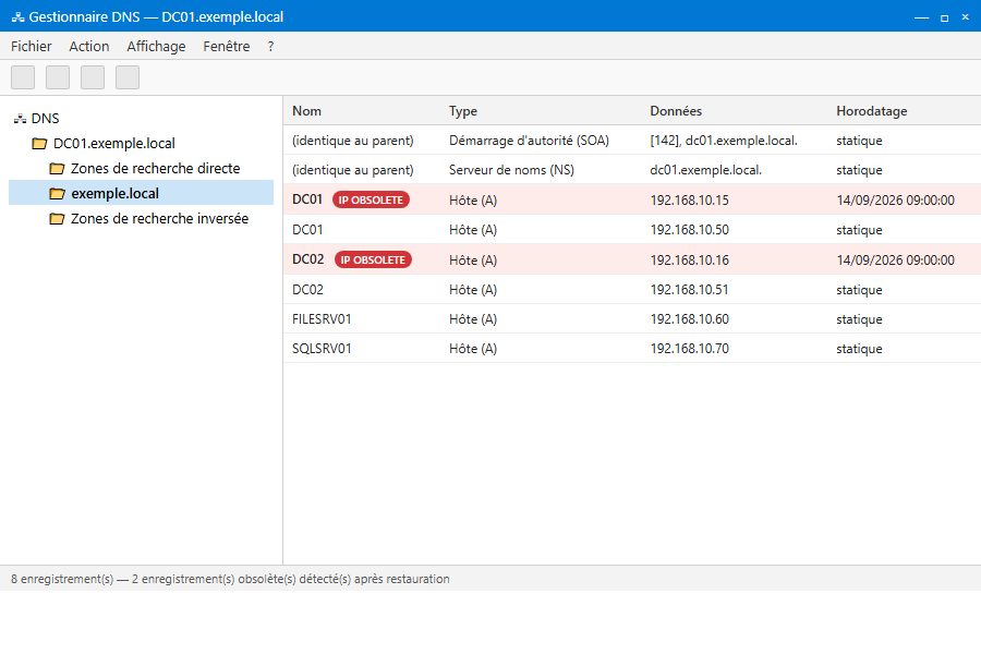 Gestionnaire DNS montrant des enregistrements d'hote perimes pour les controleurs de domaine
